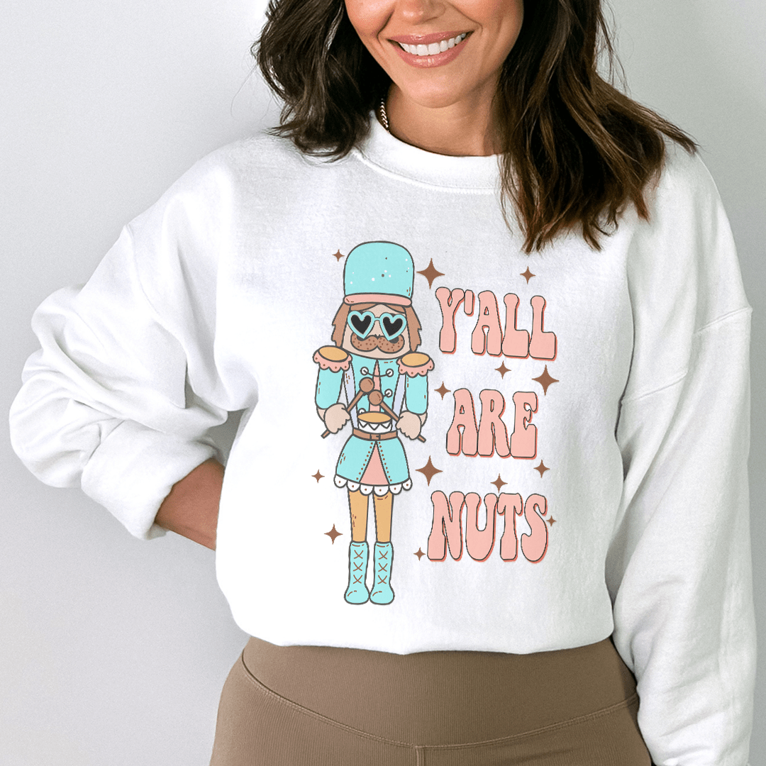 Y'all Are Nuts sweats featuring unique designs by top artists, made from a cozy cotton/poly fleece blend.