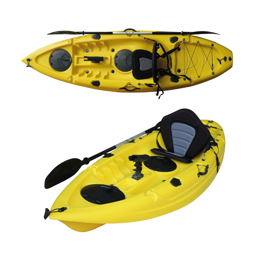 Yellow Sit on Top Kayak with deluxe padded seat and double paddle, perfect for outdoor adventures.