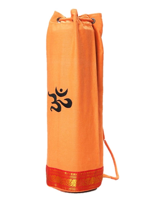 OMSutra Mahayogi Yoga Bag with floral lace border and embroidered OM symbol, showcasing its stylish design and heavy-duty fabric.