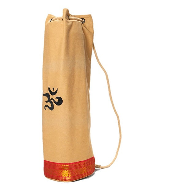 OMSutra Mahayogi Yoga Bag with floral lace border and embroidered OM symbol, showcasing its stylish design and heavy-duty fabric.