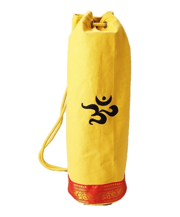 OMSutra Mahayogi Yoga Bag with floral lace border and embroidered OM symbol, showcasing its stylish design and heavy-duty fabric.