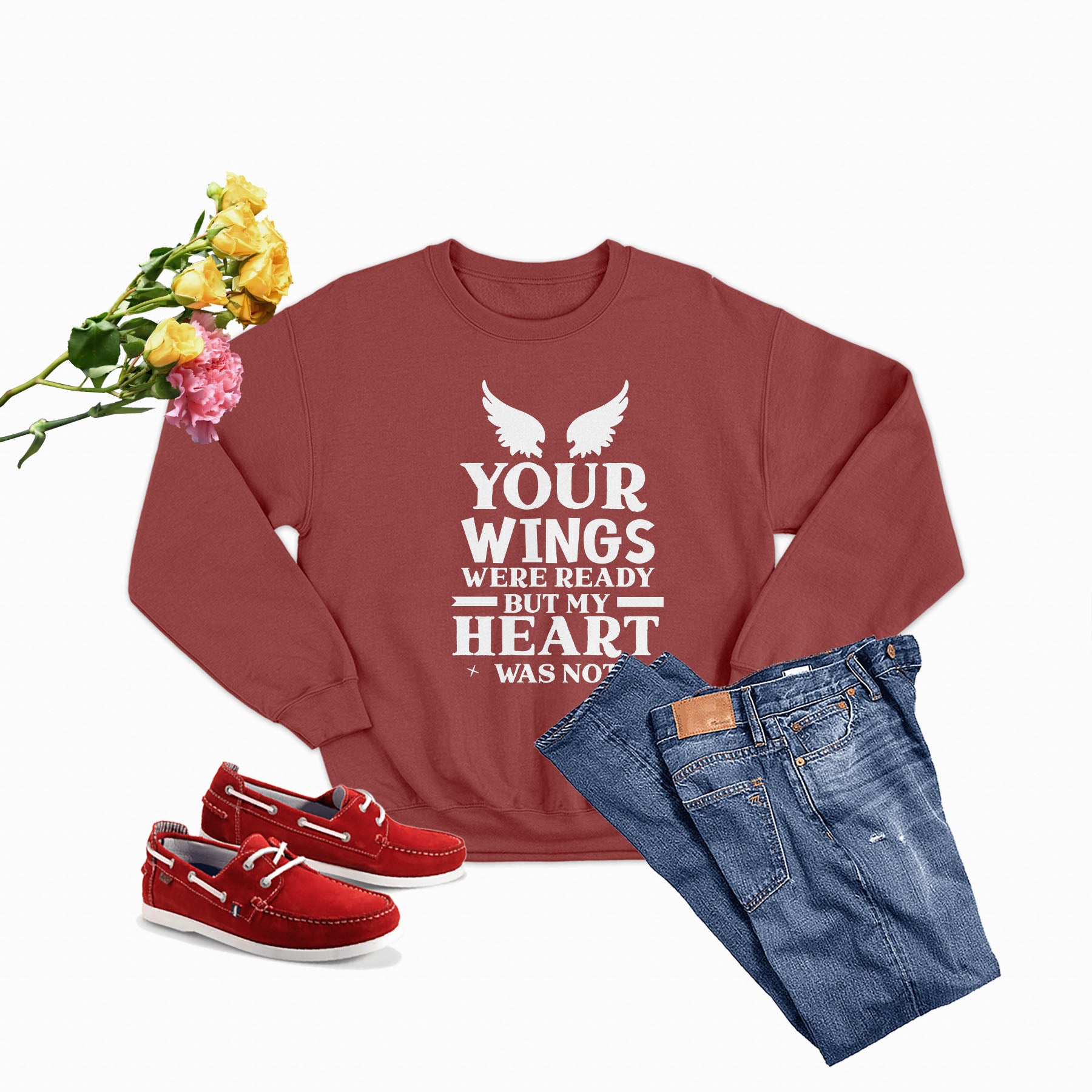 A cozy 'Your Wings Were Ready But...' Sweat Shirt featuring a unique artistic design, made from a warm cotton/poly fleece blend.