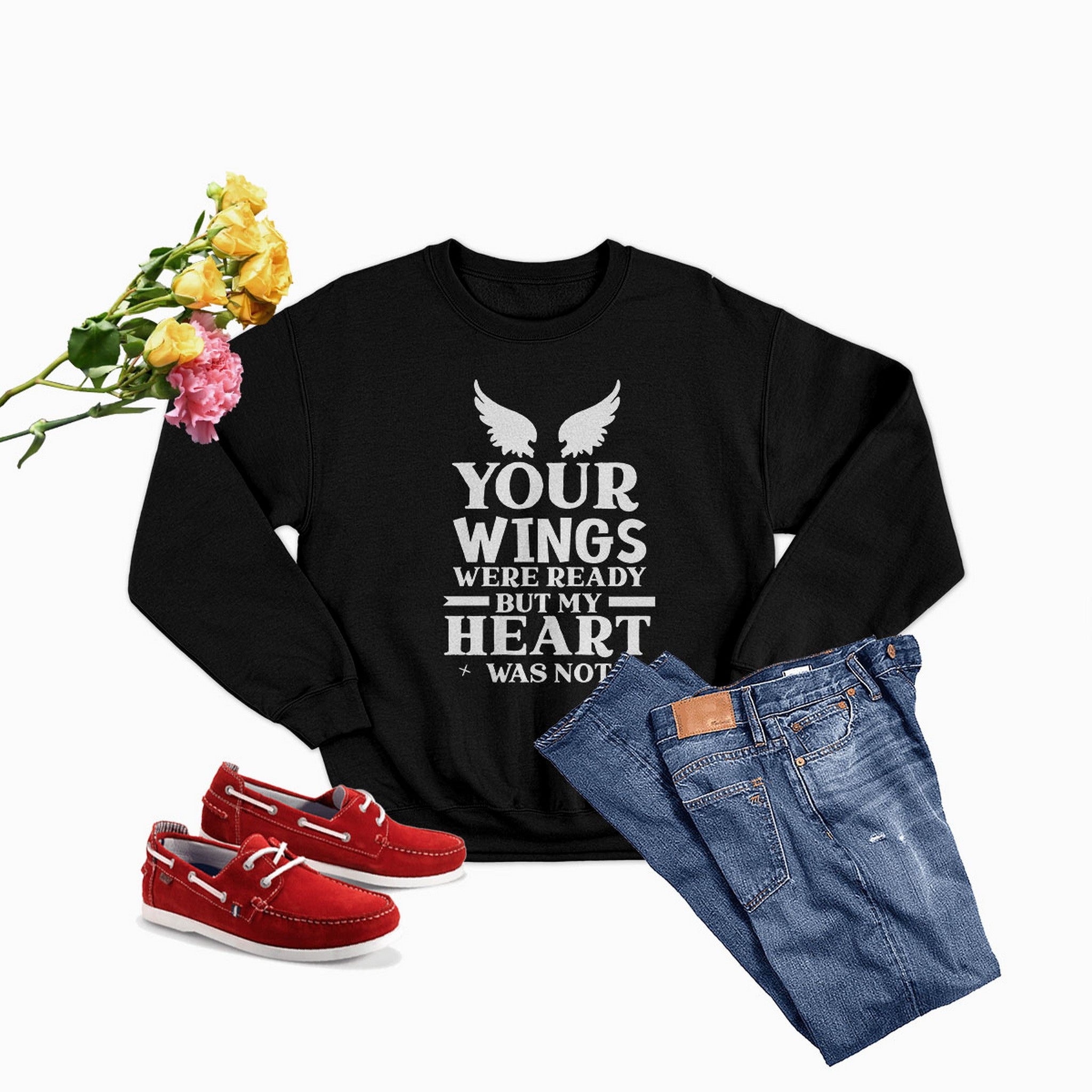 A cozy 'Your Wings Were Ready But...' Sweat Shirt featuring a unique artistic design, made from a warm cotton/poly fleece blend.