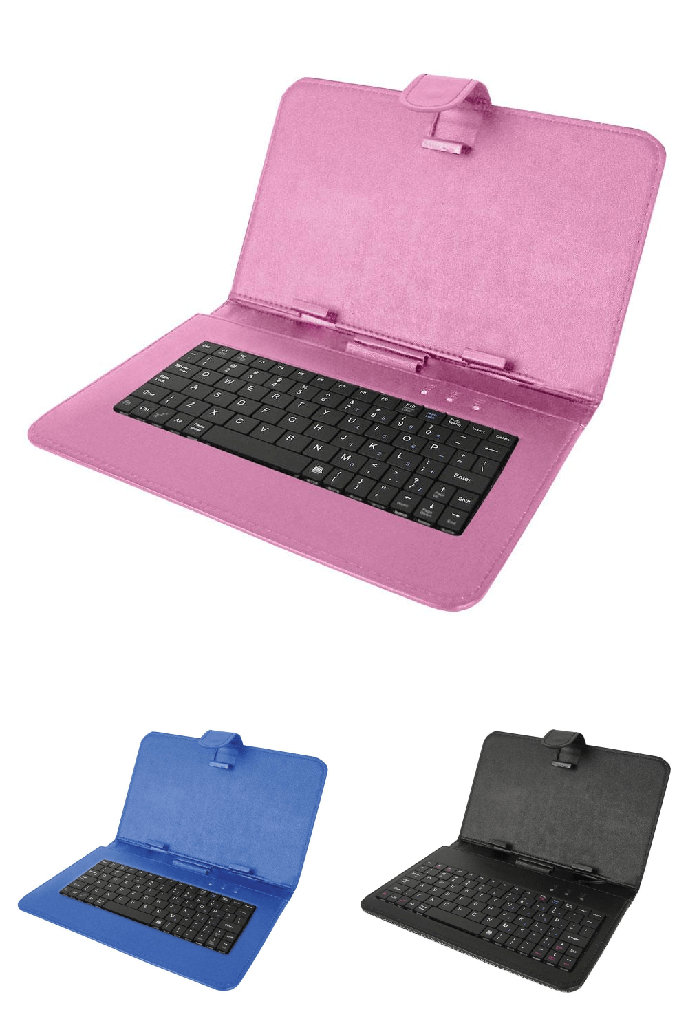 10-inch tablet keyboard and case in black, showcasing its sleek design and foldable leather cover.