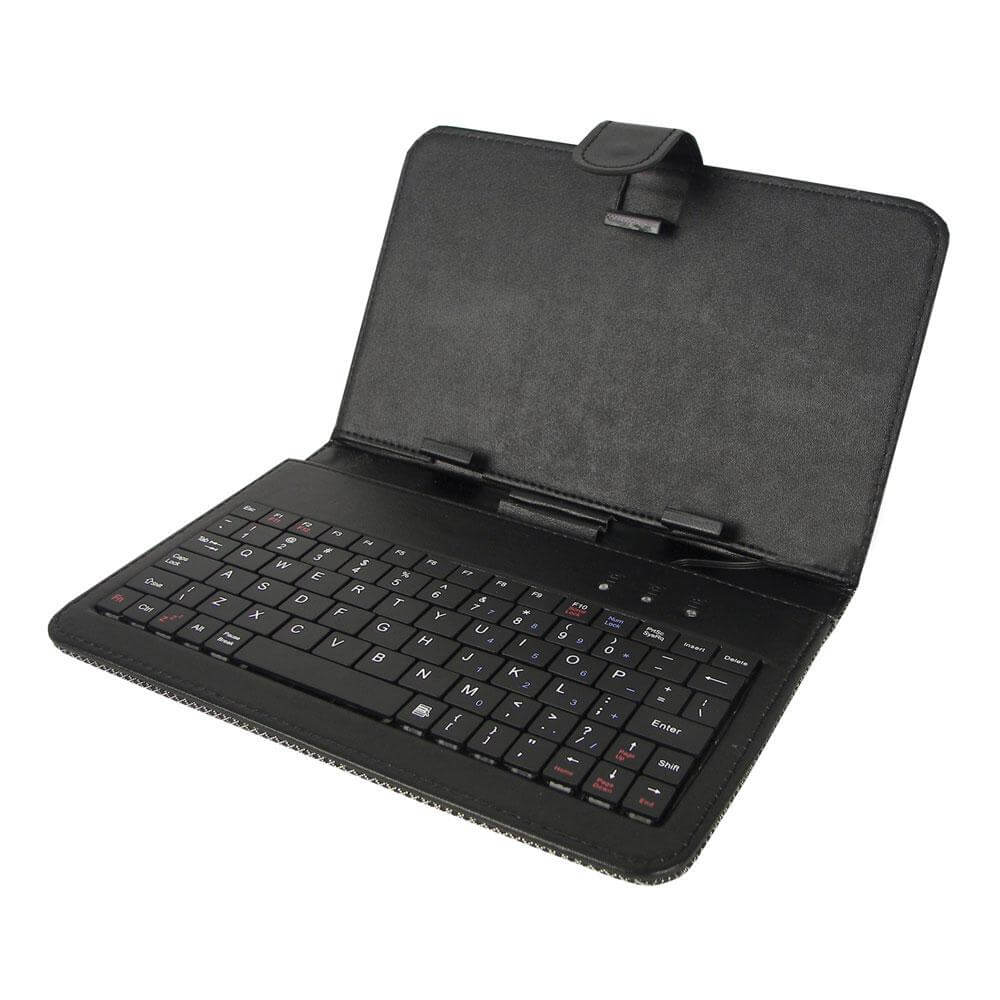 10-inch tablet keyboard and case in black, showcasing its sleek design and foldable leather cover.