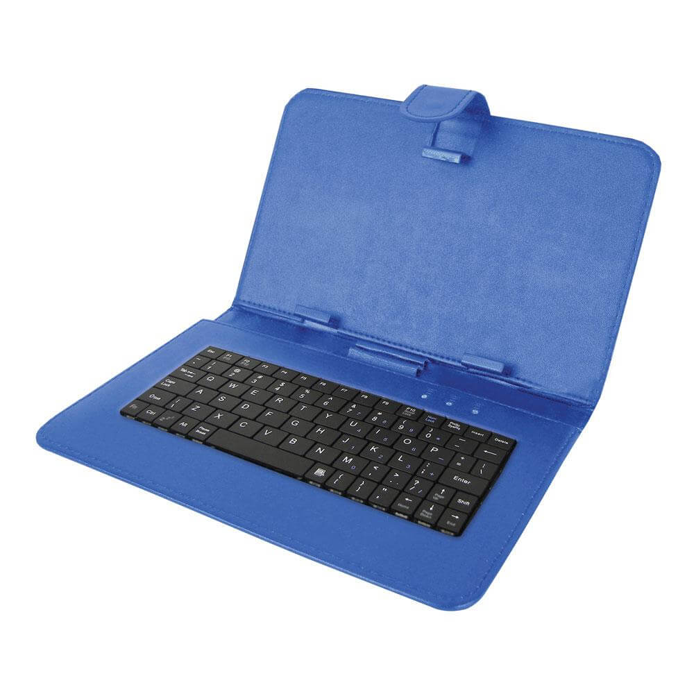 10-inch tablet keyboard and case in black, showcasing its sleek design and foldable leather cover.