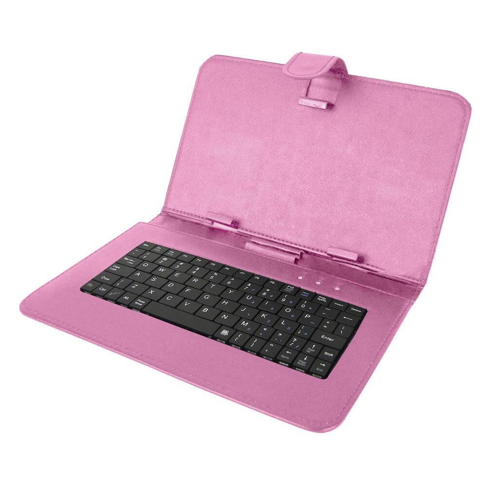 10-inch tablet keyboard and case in black, showcasing its sleek design and foldable leather cover.