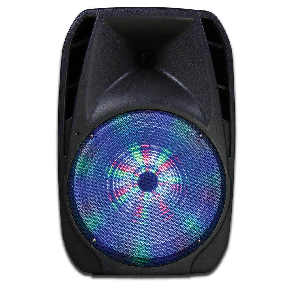 15-inch professional Bluetooth speaker with tripod stand, featuring a disco ball and remote control, designed for powerful sound and portability.