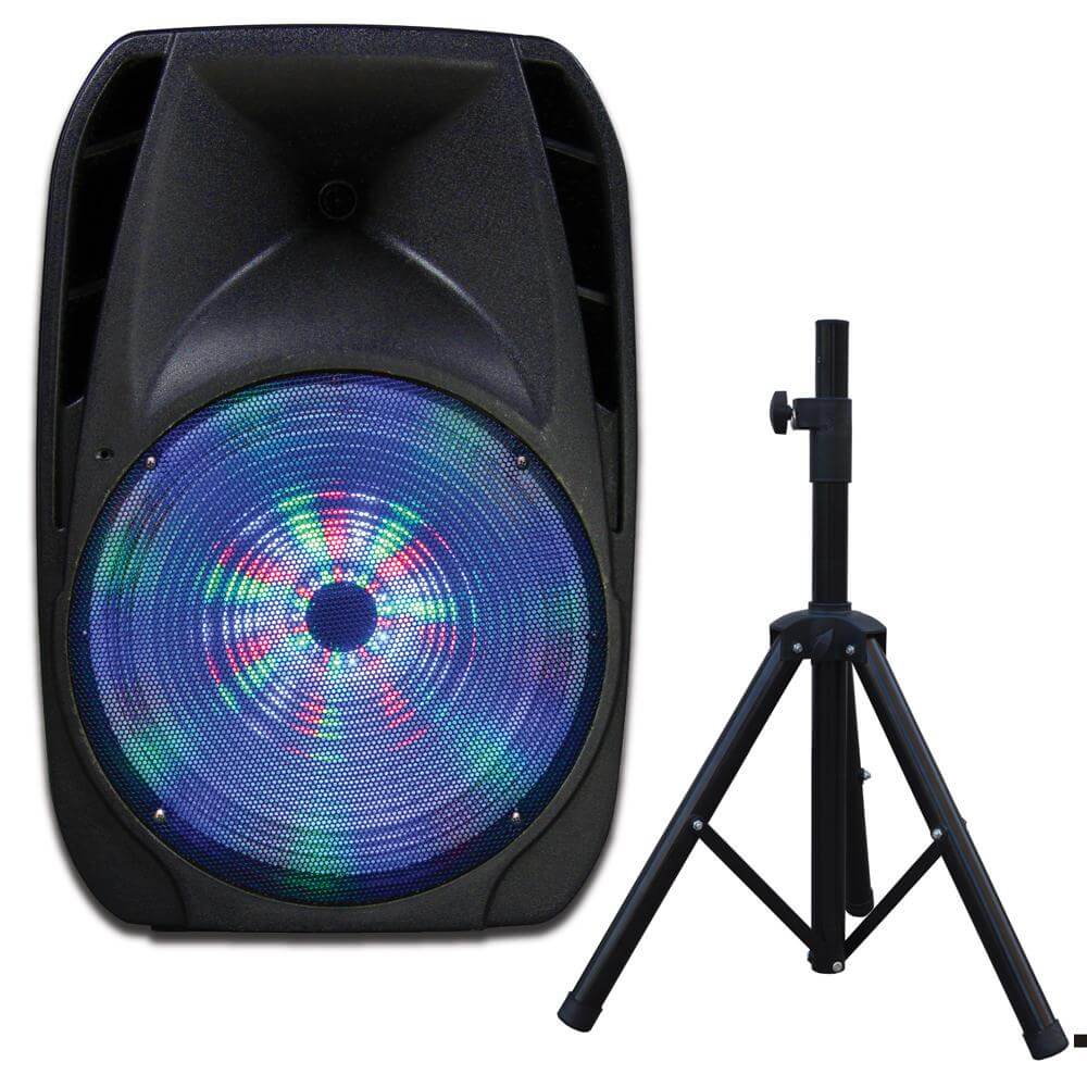 15-inch professional Bluetooth speaker with tripod stand, featuring a disco ball and remote control, designed for powerful sound and portability.