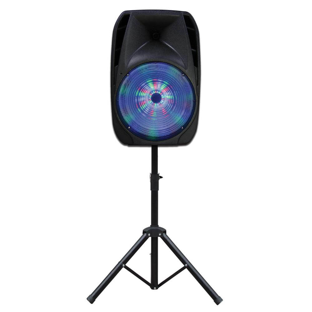 15-inch professional Bluetooth speaker with tripod stand, featuring a disco ball and remote control, designed for powerful sound and portability.