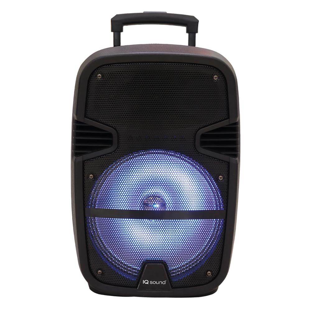 15-inch professional Bluetooth speaker with tripod, remote control, and microphone, showcasing its sleek design and vibrant flashing lights.