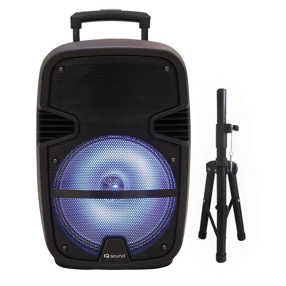 15-inch professional Bluetooth speaker with tripod, remote control, and microphone, showcasing its sleek design and vibrant flashing lights.