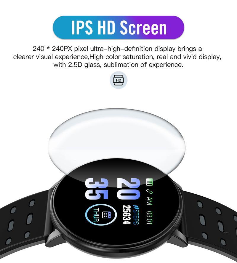 119 Plus Heart Rate Blood Pressure Smart Watch with a 1.3-inch touchscreen and silicone wristband, showcasing its sleek design and features.