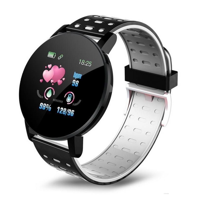 119 Plus Heart Rate Blood Pressure Smart Watch with a 1.3-inch touchscreen and silicone wristband, showcasing its sleek design and features.