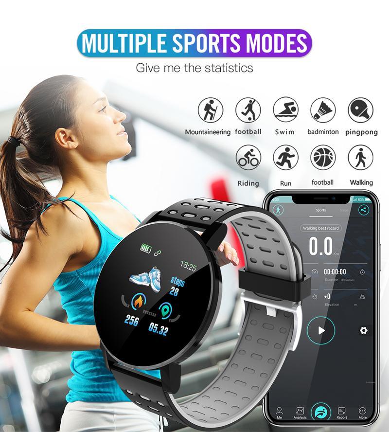 119 Plus Heart Rate Blood Pressure Smart Watch with a 1.3-inch touchscreen and silicone wristband, showcasing its sleek design and features.