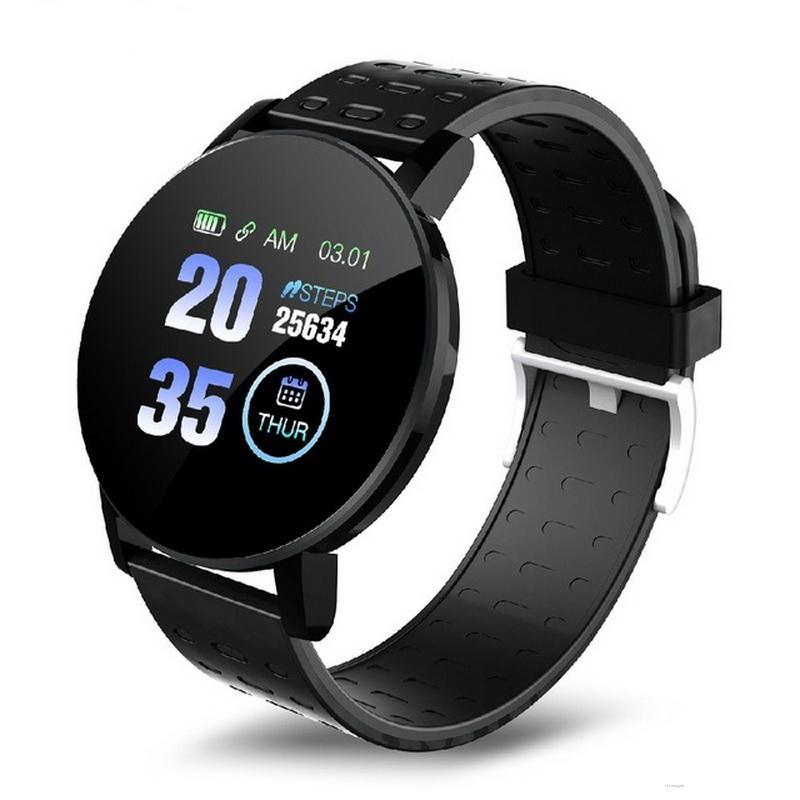 119 Plus Heart Rate Blood Pressure Smart Watch with a 1.3-inch touchscreen and silicone wristband, showcasing its sleek design and features.