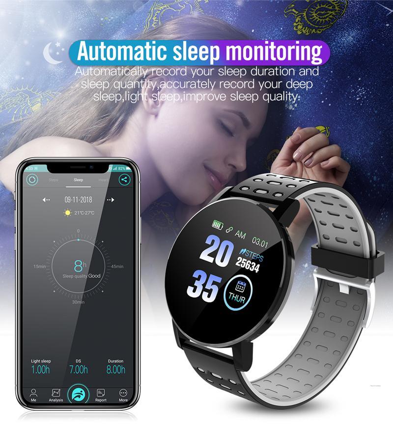 119 Plus Heart Rate Blood Pressure Smart Watch with a 1.3-inch touchscreen and silicone wristband, showcasing its sleek design and features.