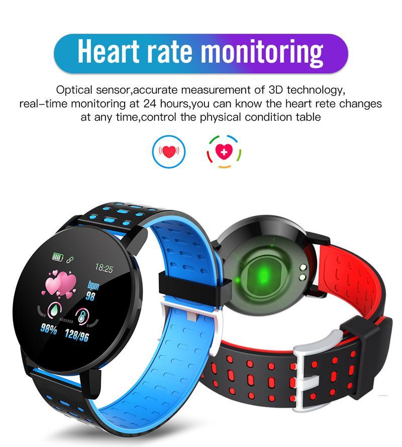 119 Plus Heart Rate Blood Pressure Smart Watch with a 1.3-inch touchscreen and silicone wristband, showcasing its sleek design and features.