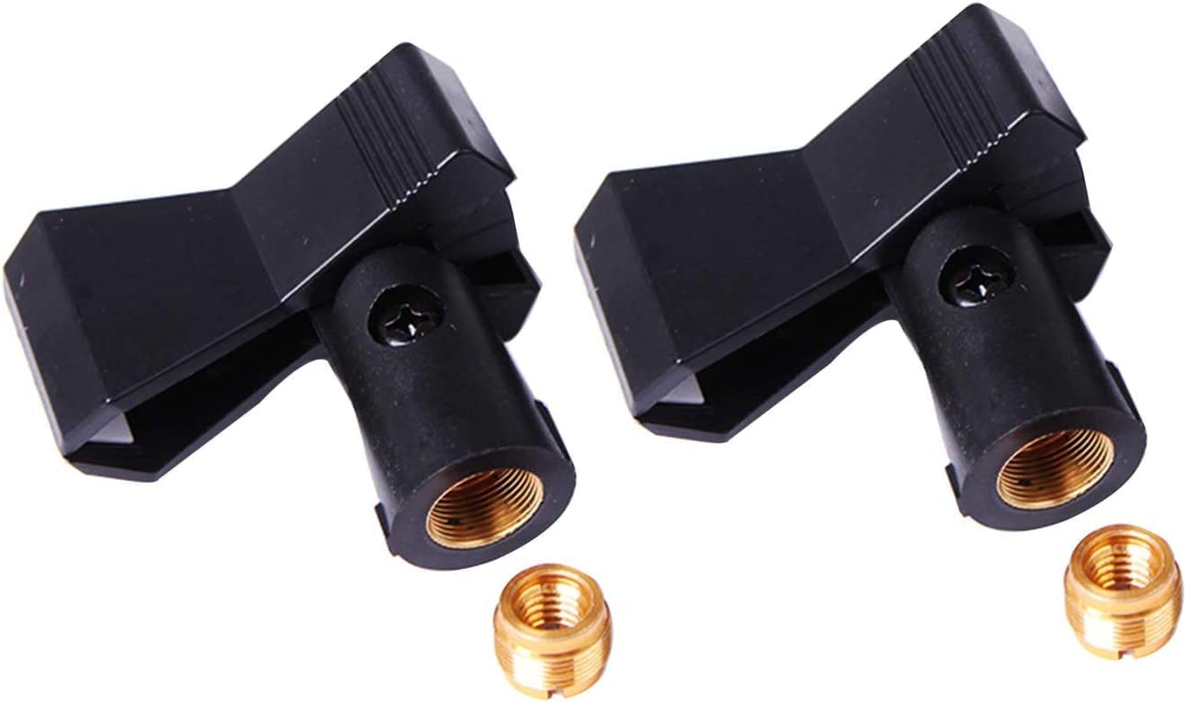 Two black universal nut adapter microphone clips designed for secure holding of handheld microphones.