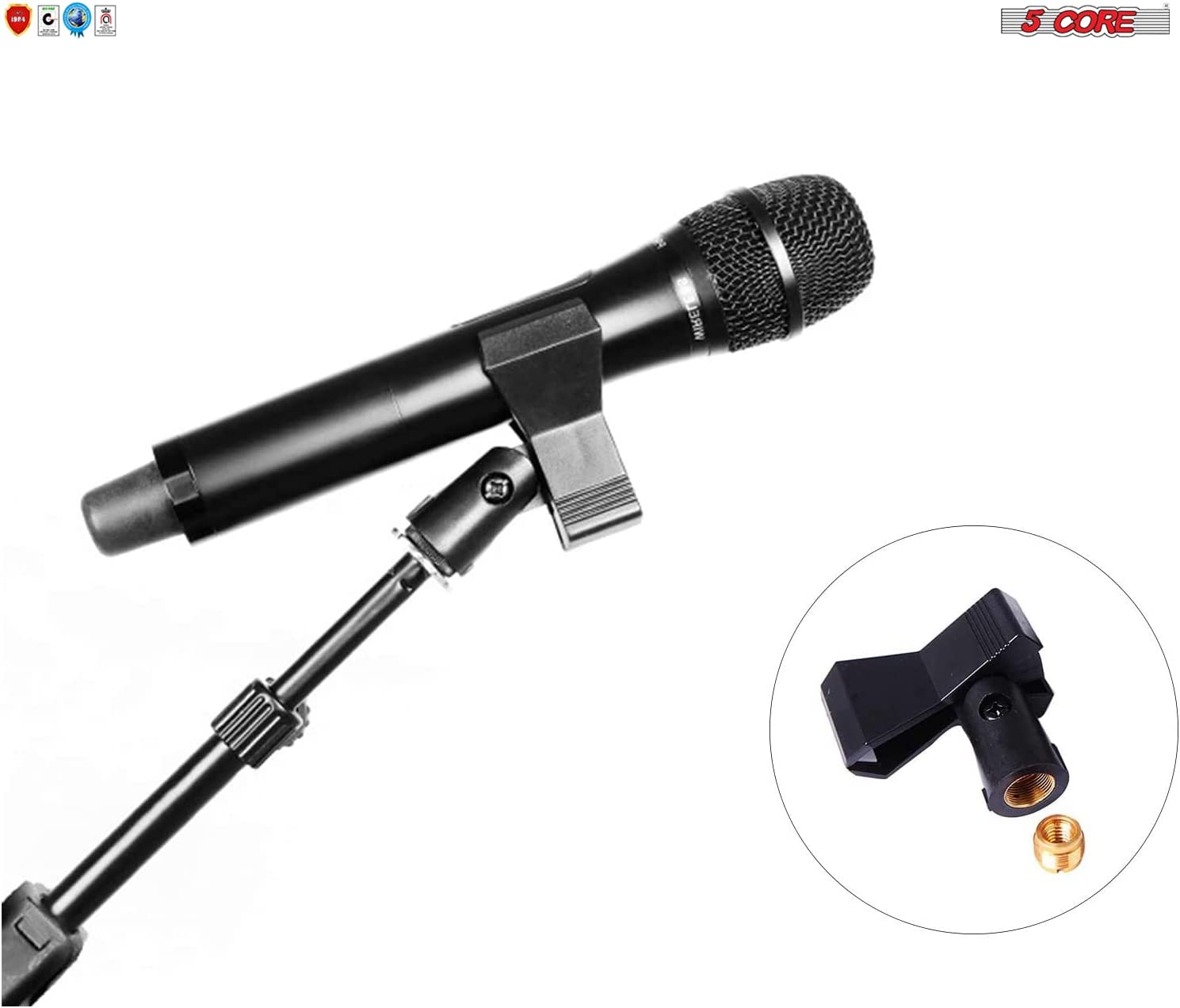 Two black universal nut adapter microphone clips designed for secure holding of handheld microphones.