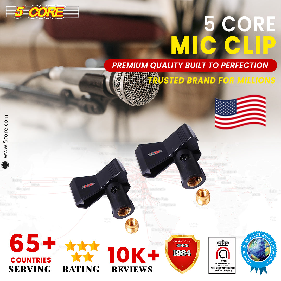 Two black universal nut adapter microphone clips designed for secure holding of handheld microphones.