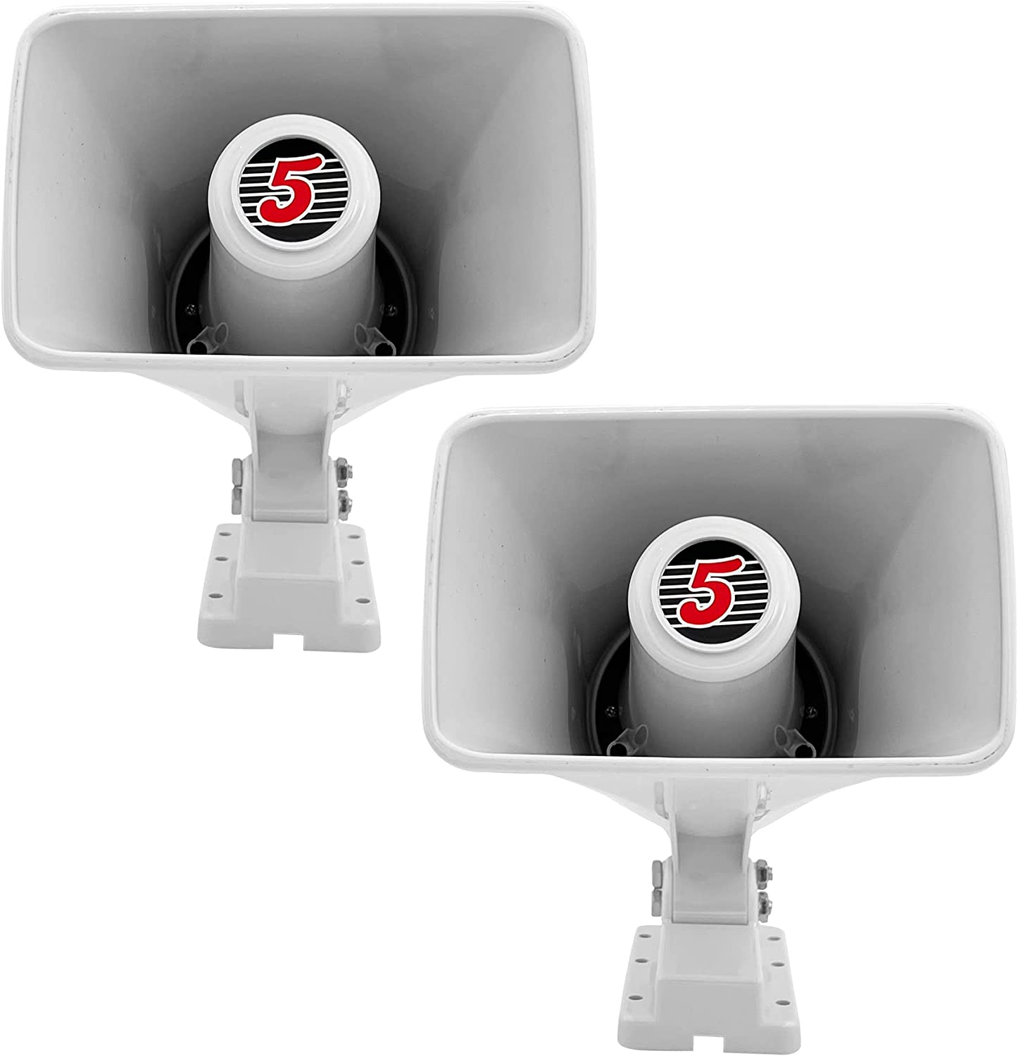 Two waterproof PA horn speakers designed for indoor and outdoor use, featuring an adjustable bracket and robust construction for clear sound amplification.