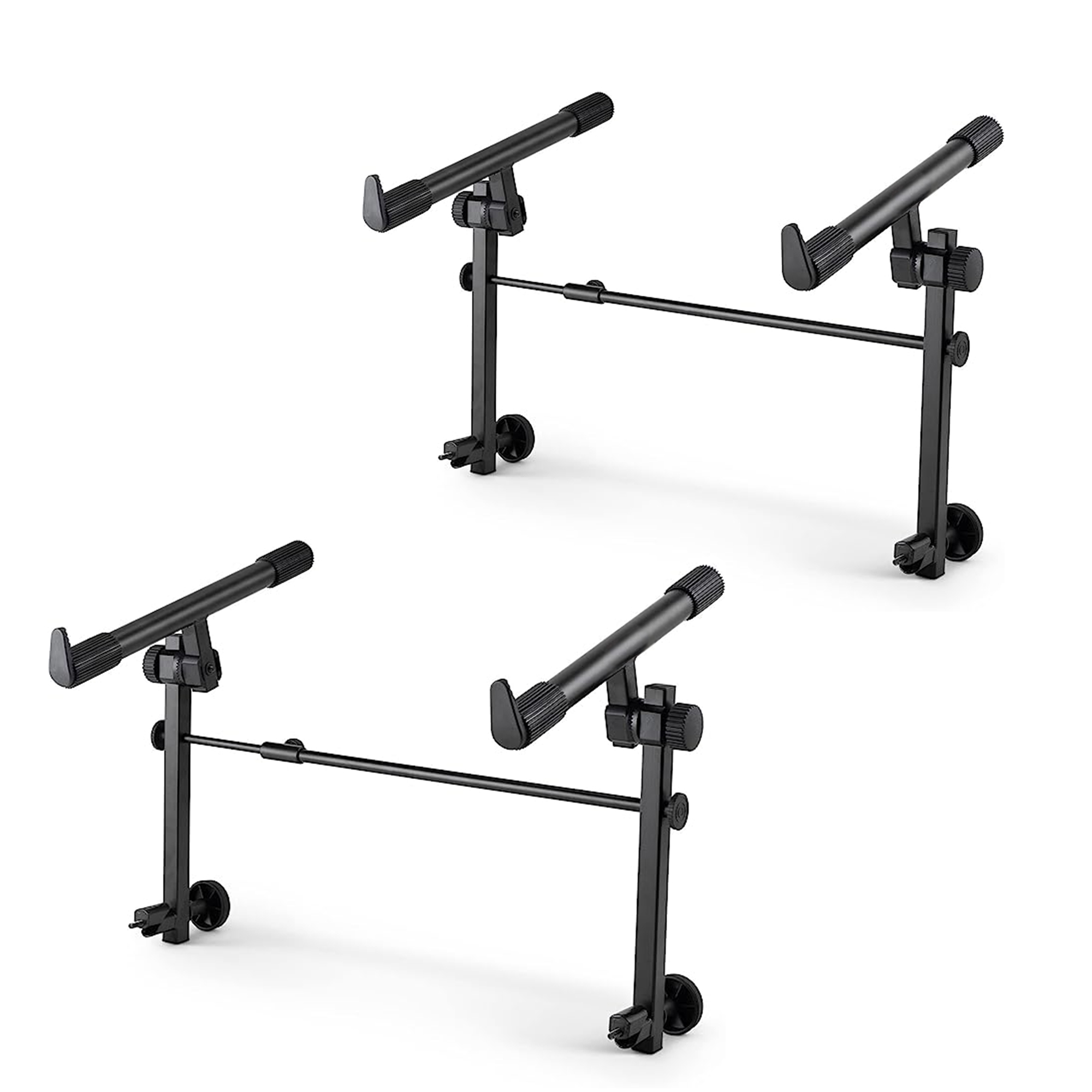 Adjustable 2-tier keyboard stand adapter for X-style piano stand, showcasing its ergonomic design and durable black finish.