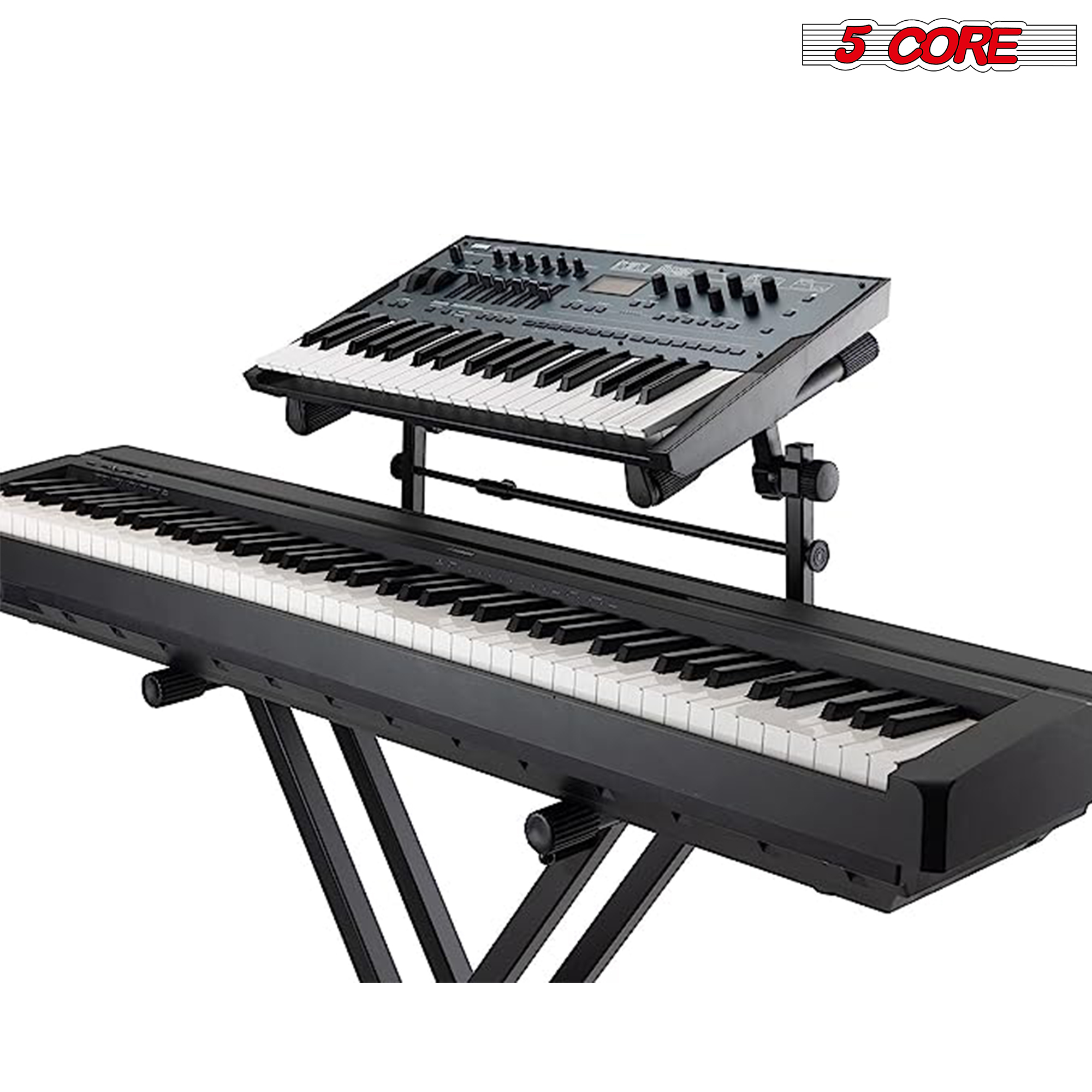 Adjustable 2-tier keyboard stand adapter for X-style piano stand, showcasing its ergonomic design and durable black finish.