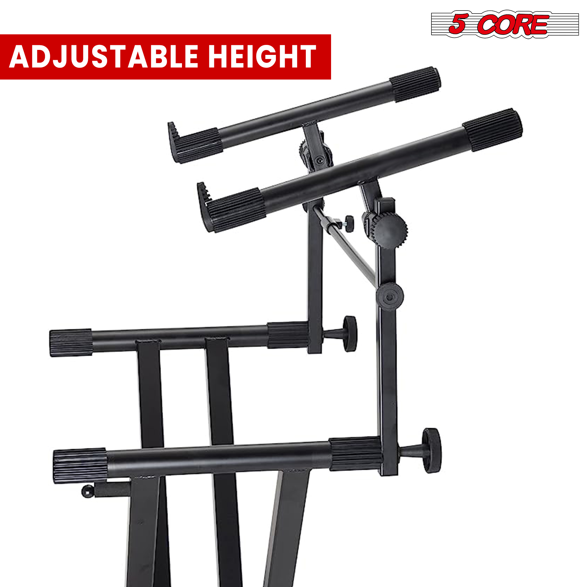 Adjustable 2-tier keyboard stand adapter for X-style piano stand, showcasing its ergonomic design and durable black finish.