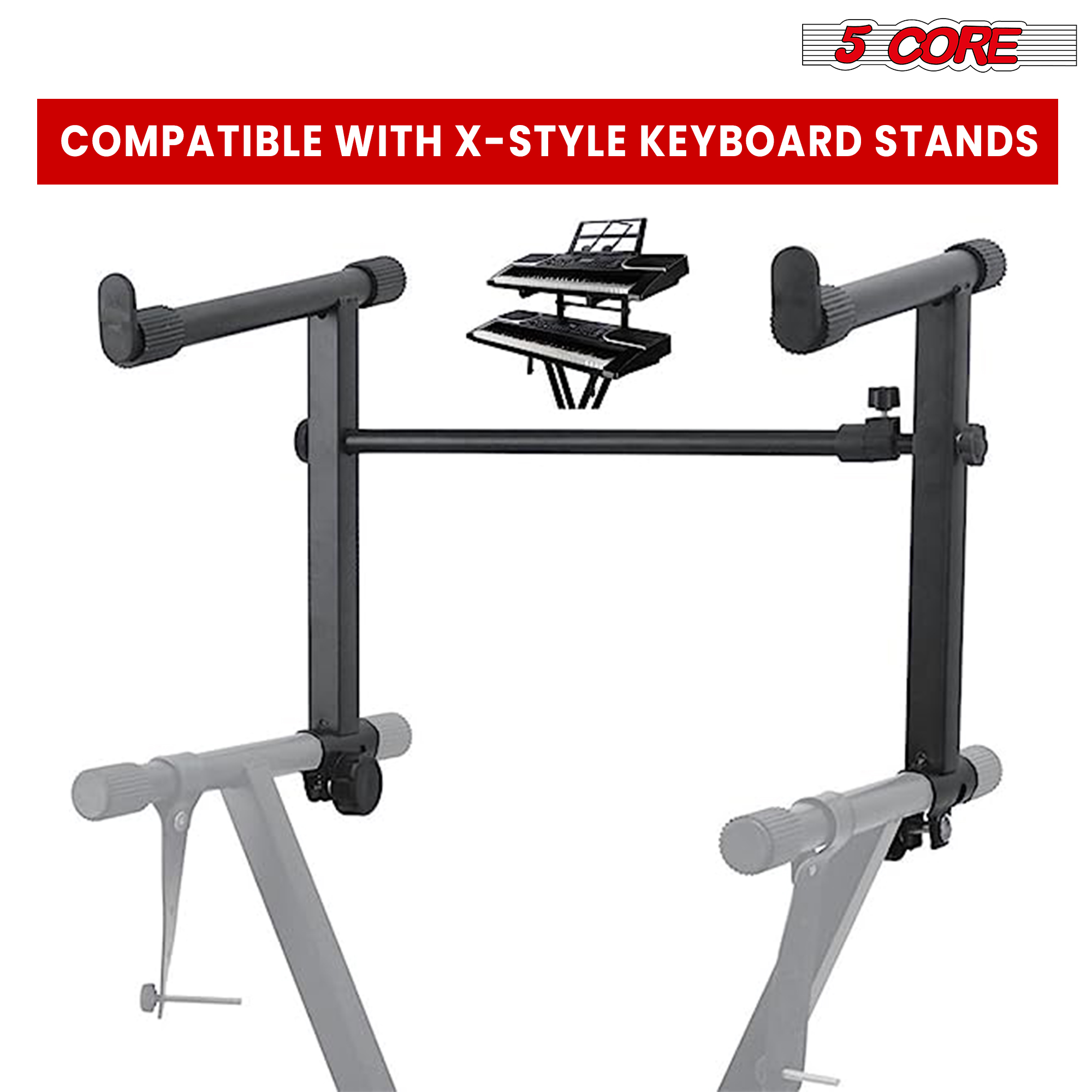 Adjustable 2-tier keyboard stand adapter for X-style piano stand, showcasing its ergonomic design and durable black finish.