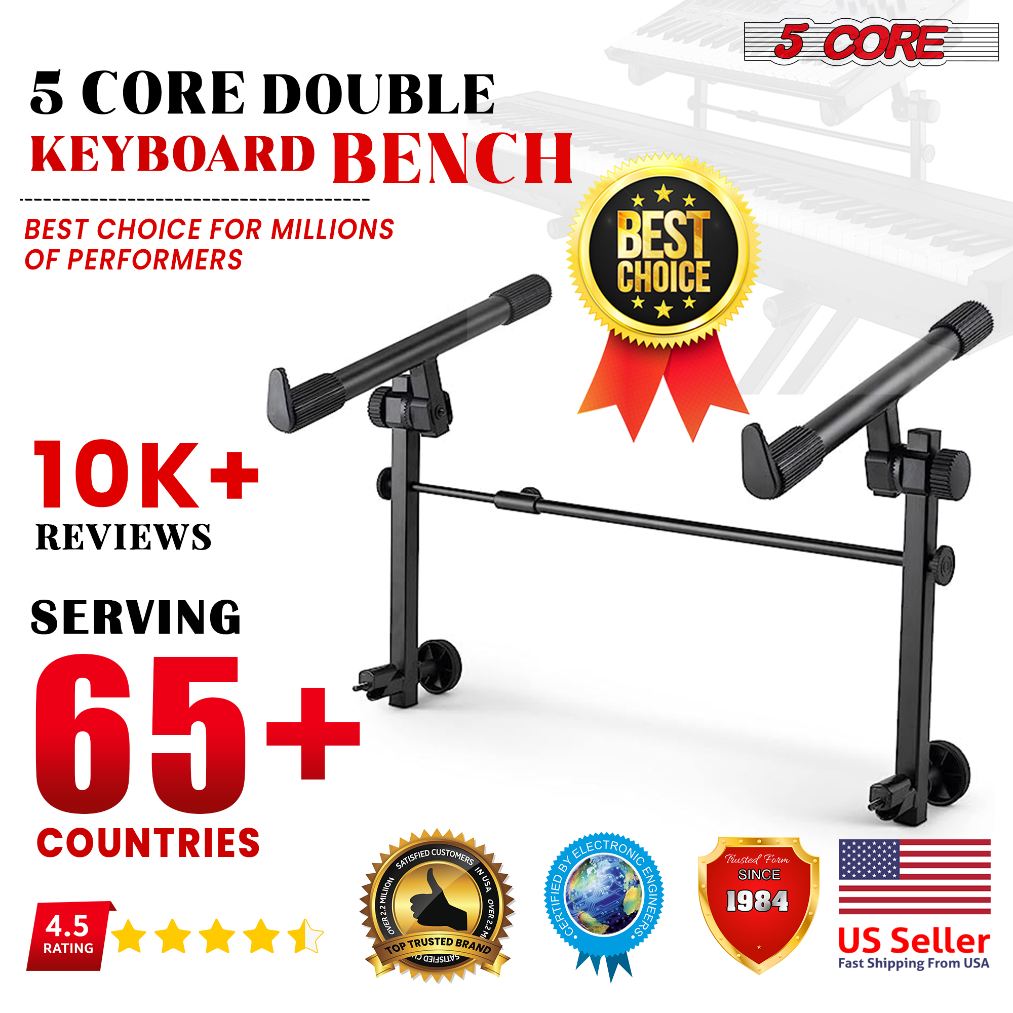 Adjustable 2-tier keyboard stand adapter for X-style piano stand, showcasing its ergonomic design and durable black finish.