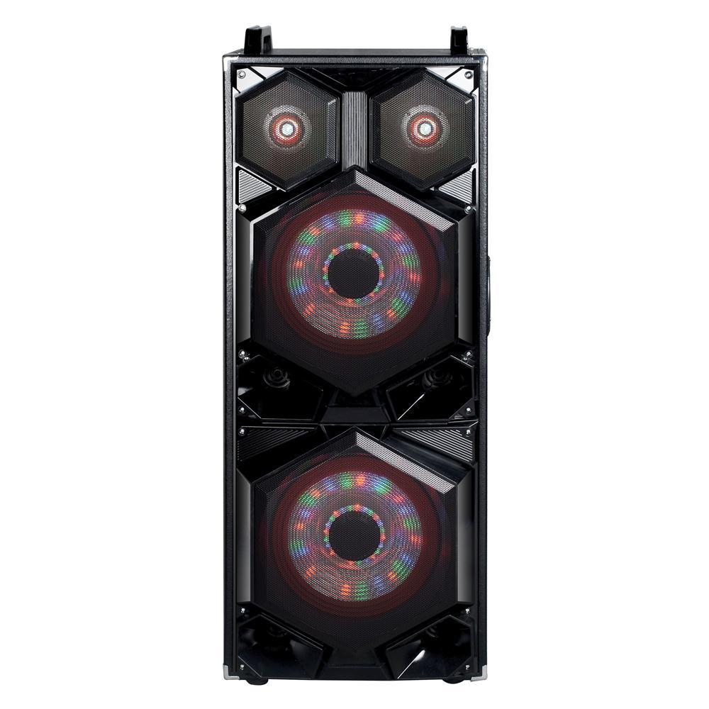 2 x 12" Pro Bluetooth Speaker with wheels and retractable handle, showcasing its sleek design and built-in features.