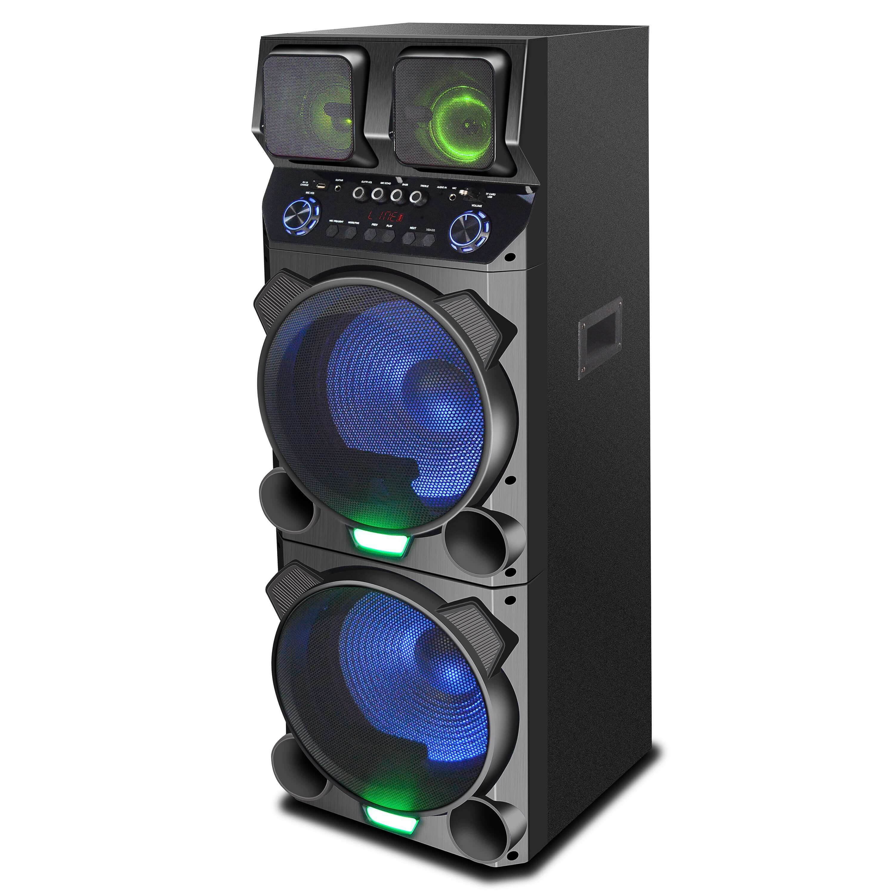 A pair of 15-inch Bluetooth speakers with True Wireless Technology, featuring built-in stage lights and various input options, ideal for events and home entertainment.