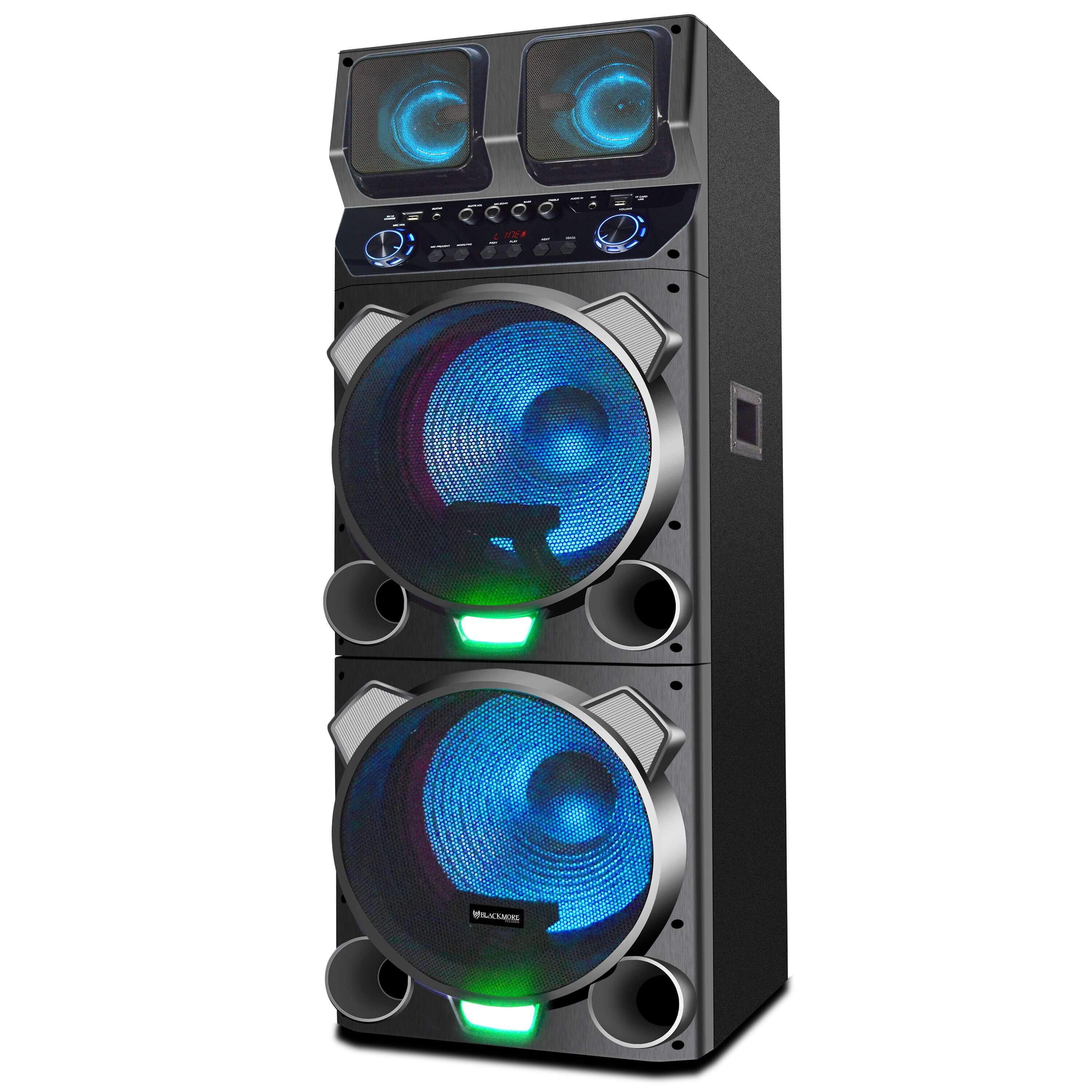 A pair of 15-inch Bluetooth speakers with True Wireless Technology, featuring built-in stage lights and various input options, ideal for events and home entertainment.