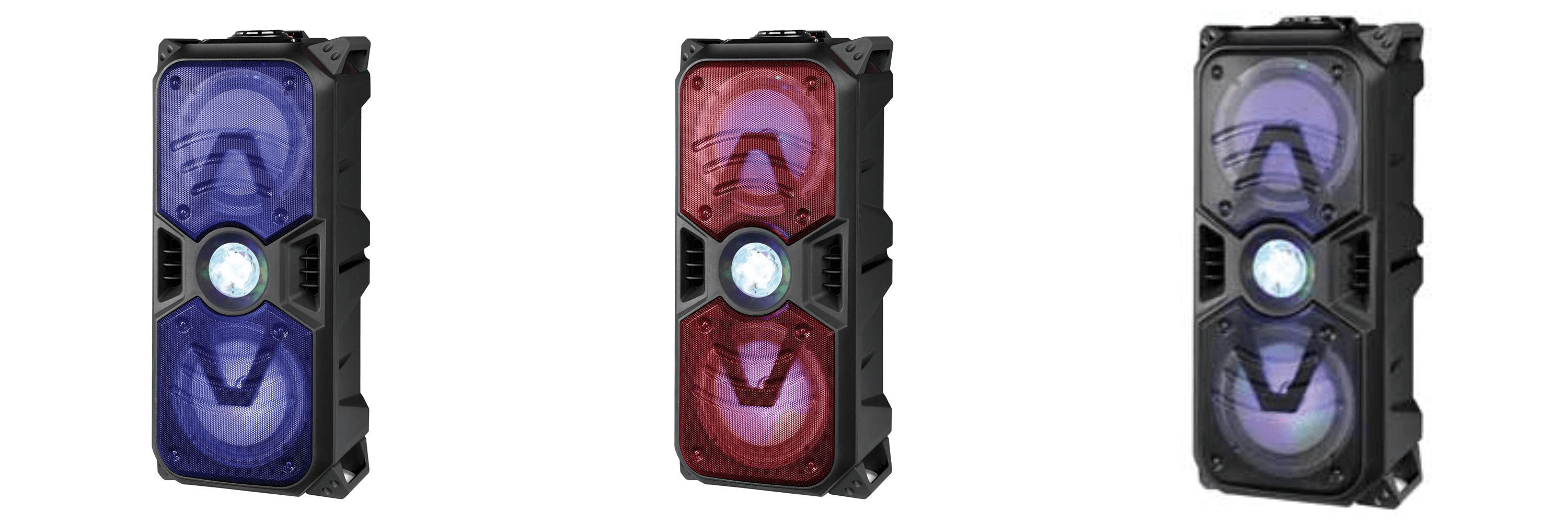 2 x 6.5" Tailgate Bluetooth Speaker with colorful disco lights and microphone, designed for outdoor events.