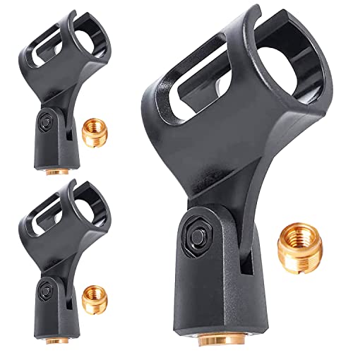 Three black universal nut adapter microphone clips designed for standard microphone stands, made from durable plastic and brass.