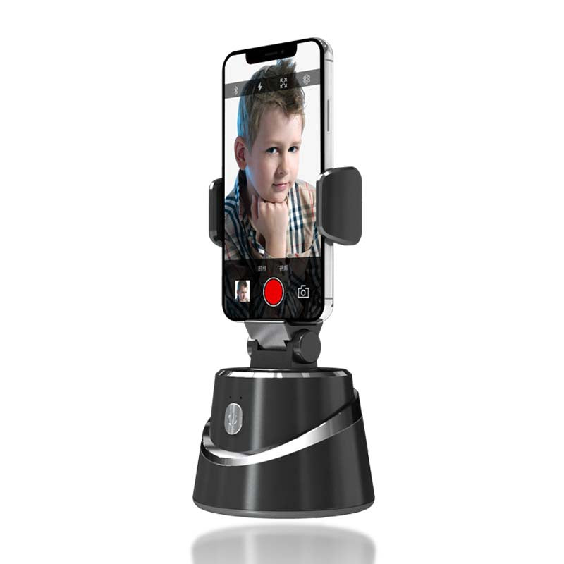 360° Object Tracking Phone Holder with smartphone attached, showcasing its sleek design and tracking capabilities.