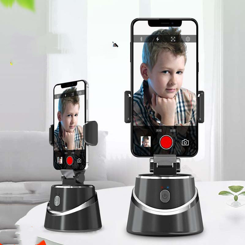 360° Object Tracking Phone Holder with smartphone attached, showcasing its sleek design and tracking capabilities.