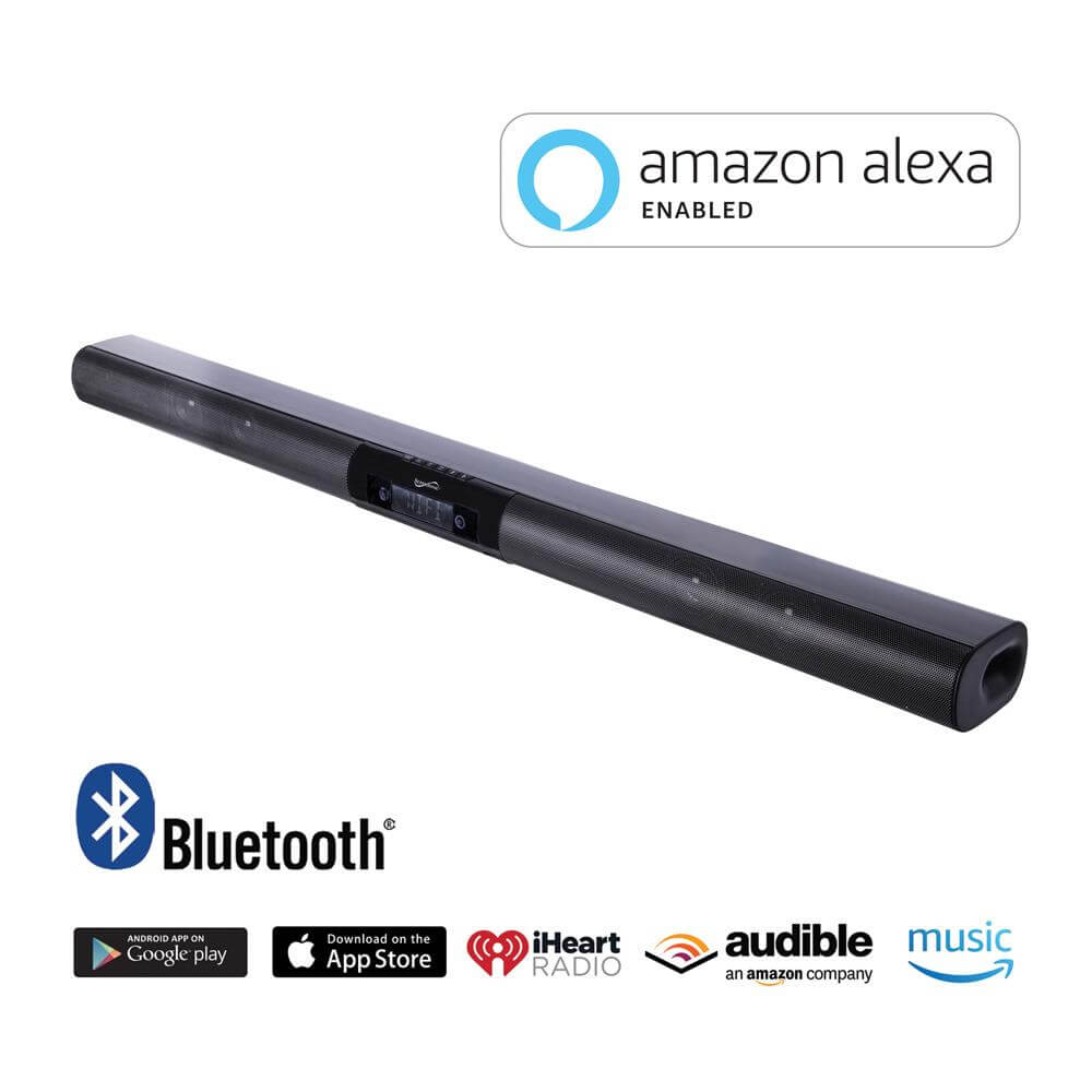 A sleek 37-inch Premium Optical Bluetooth SoundBar System with Alexa Voice Control, featuring a modern design and built-in speakers.