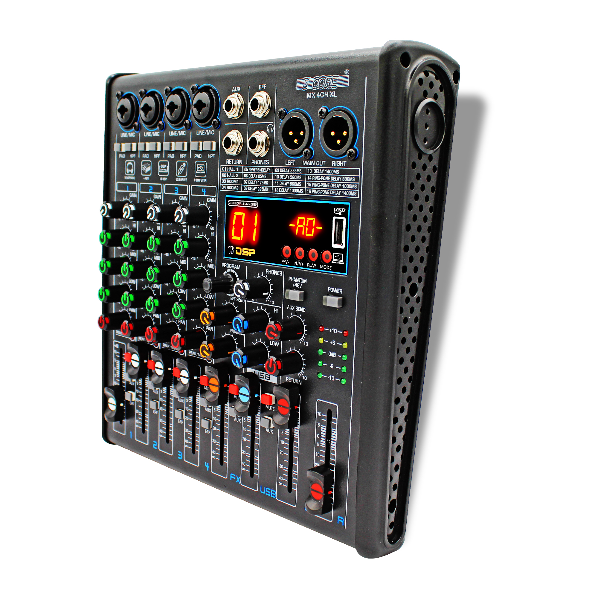 5 Core 4 Channel Audio Mixer with Bluetooth and USB interface, featuring a compact design and multiple input options.