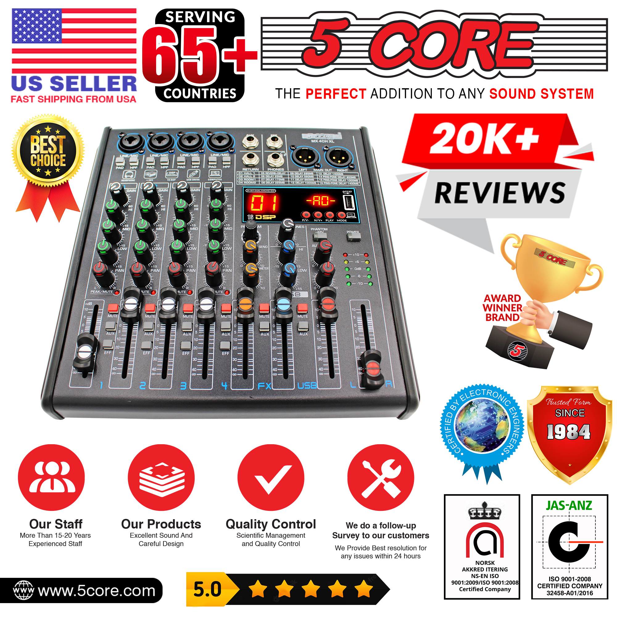 5 Core 4 Channel Audio Mixer with Bluetooth and USB interface, featuring a compact design and multiple input options.