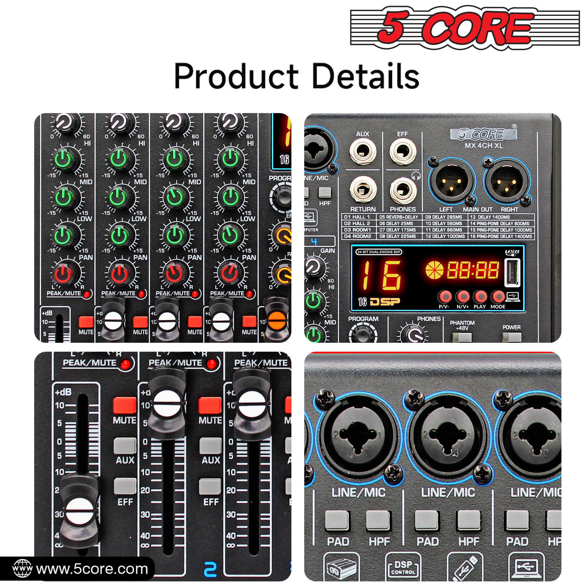 5 Core 4 Channel Audio Mixer with Bluetooth and USB interface, featuring a compact design and multiple input options.