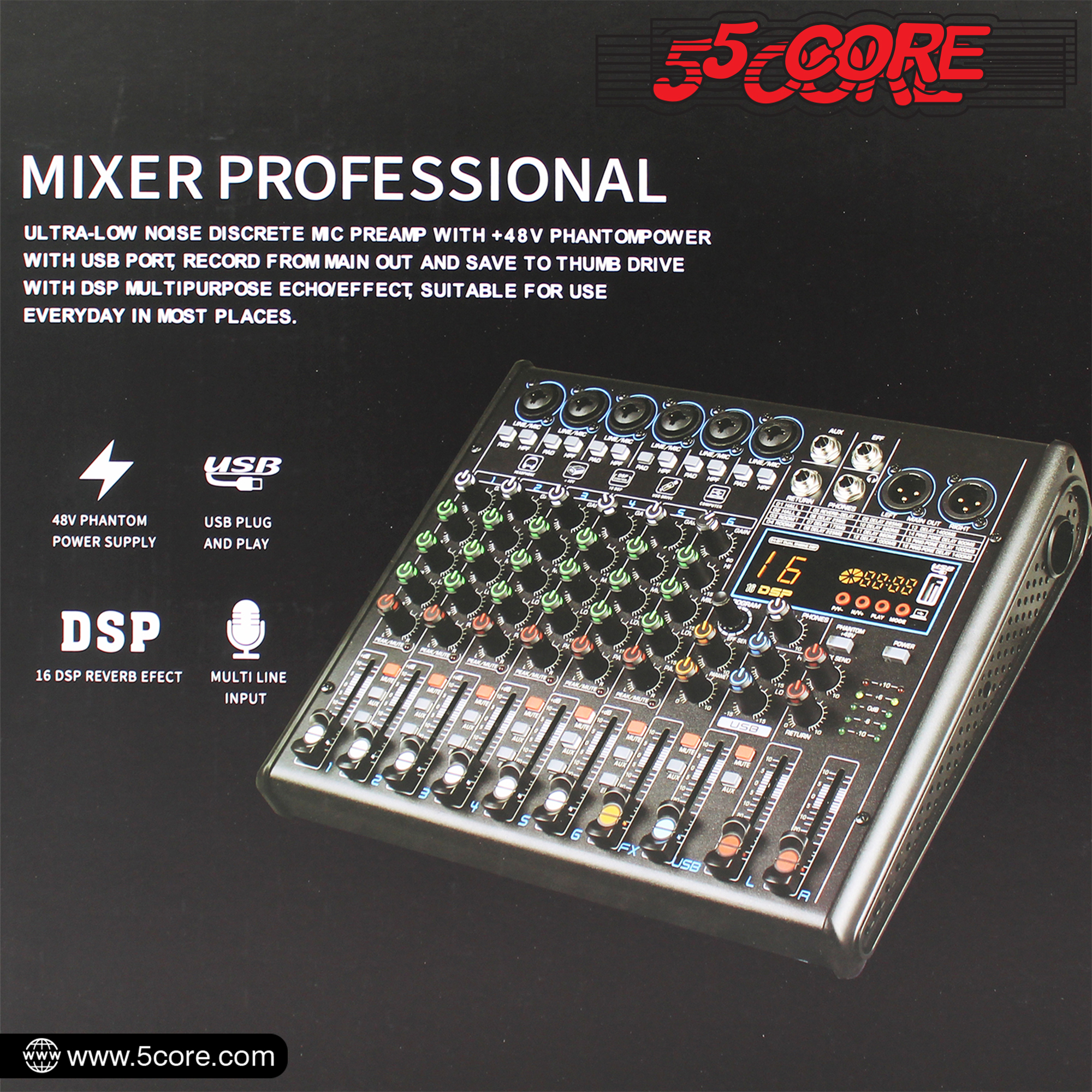 5 Core 4 Channel Audio Mixer with Bluetooth and USB interface, featuring a compact design and multiple input options.