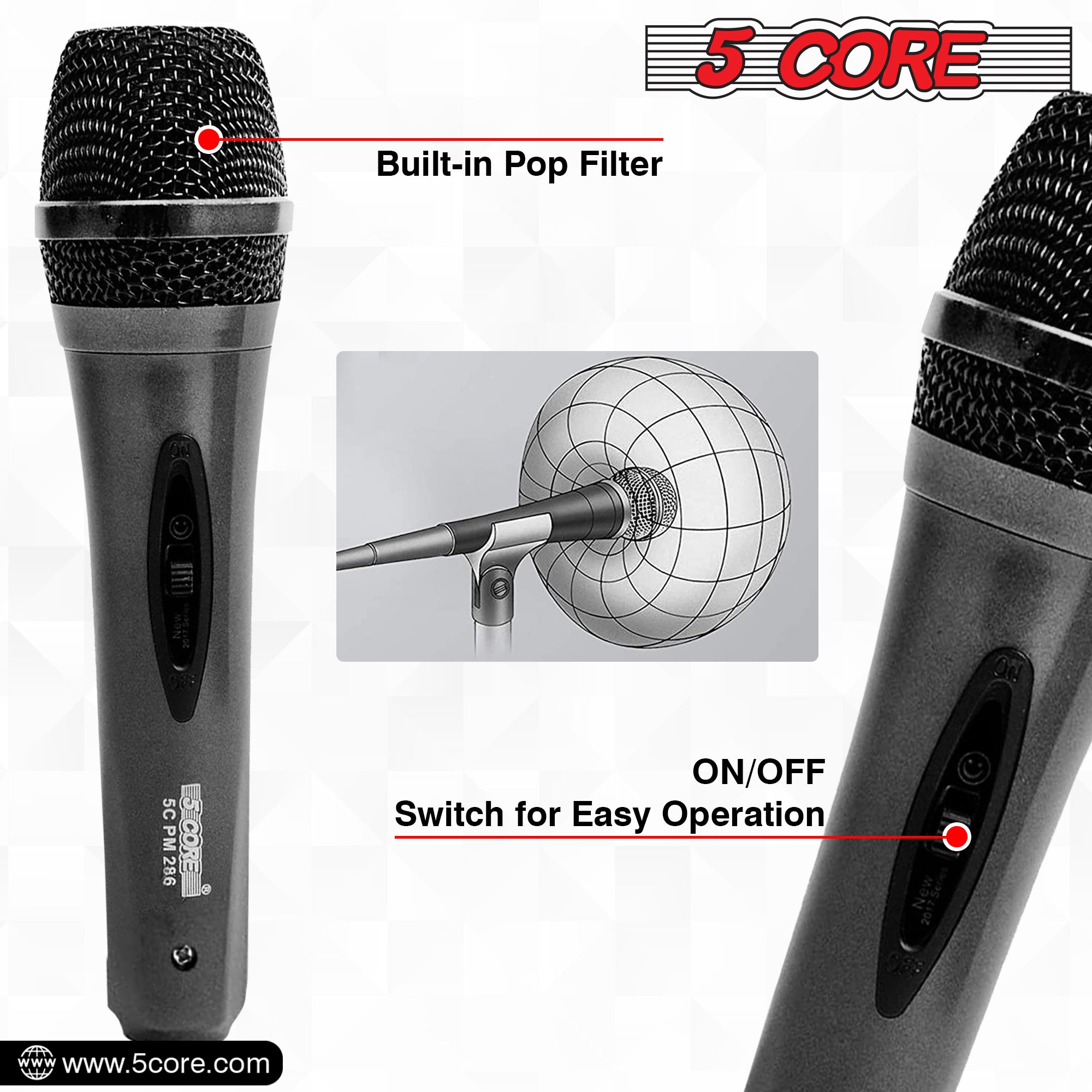 Four dynamic microphones with XLR cables, ideal for karaoke and vocal performances, showcasing rugged design and professional quality.