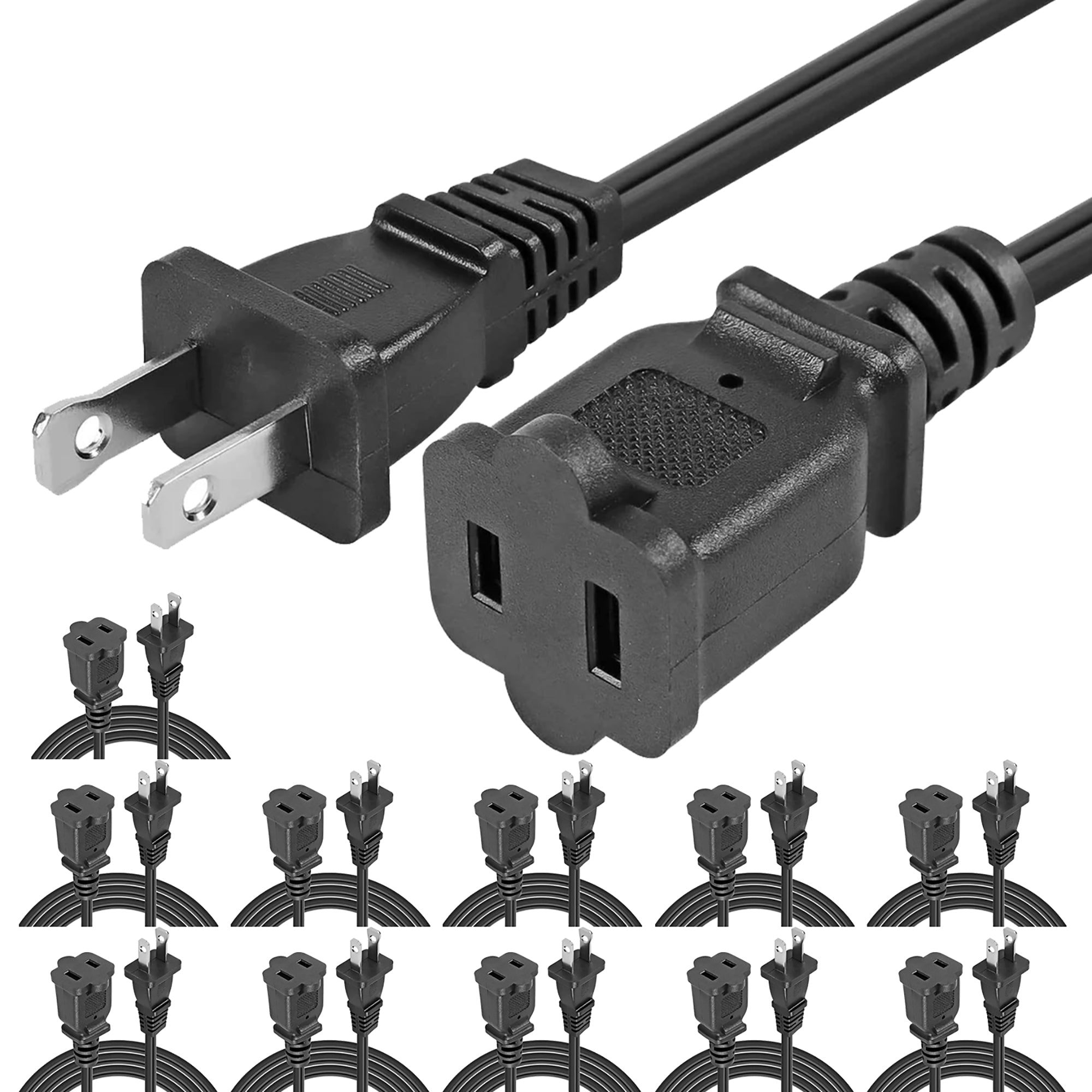 5 Core 2 Prong Extension Cord, 10 ft long, black color, designed for indoor and outdoor use with a durable PVC vinyl jacket.