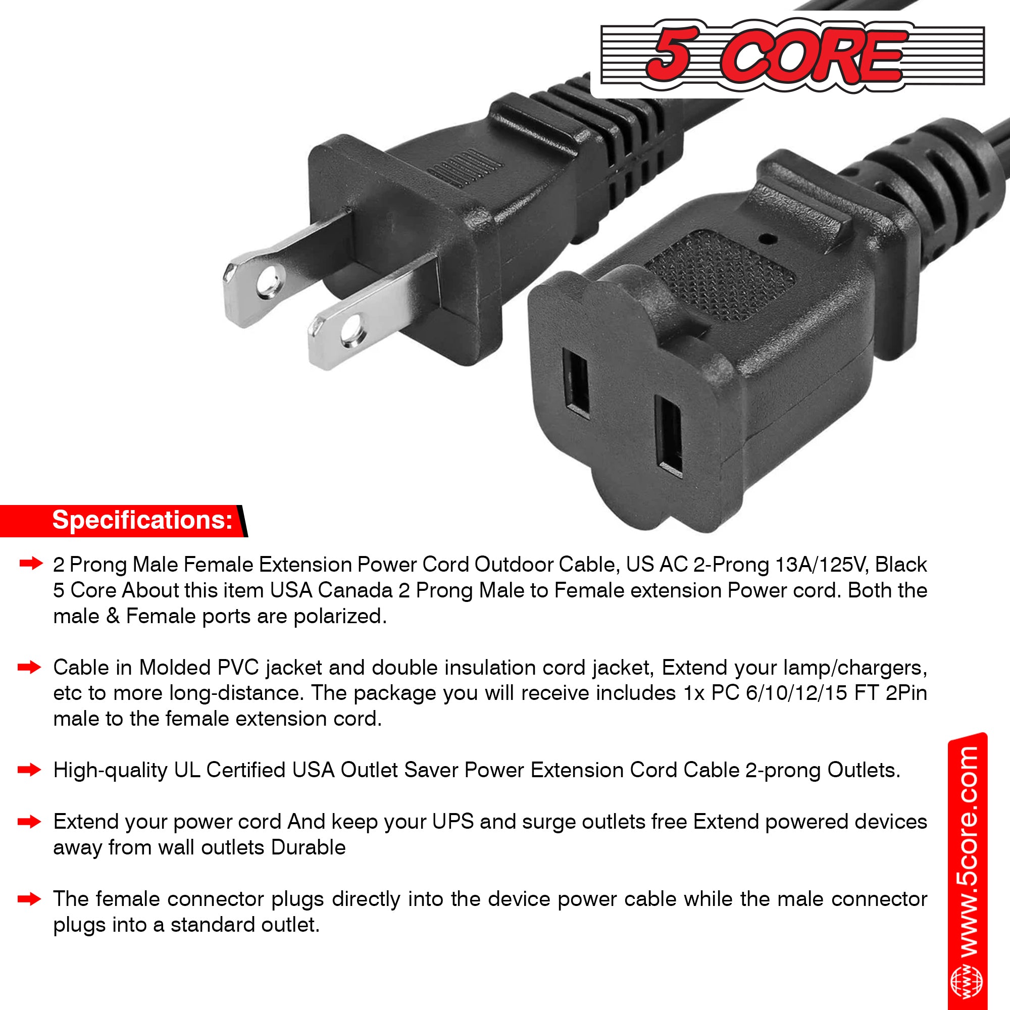 5 Core 2 Prong Extension Cord, 10 ft long, black color, designed for indoor and outdoor use with a durable PVC vinyl jacket.