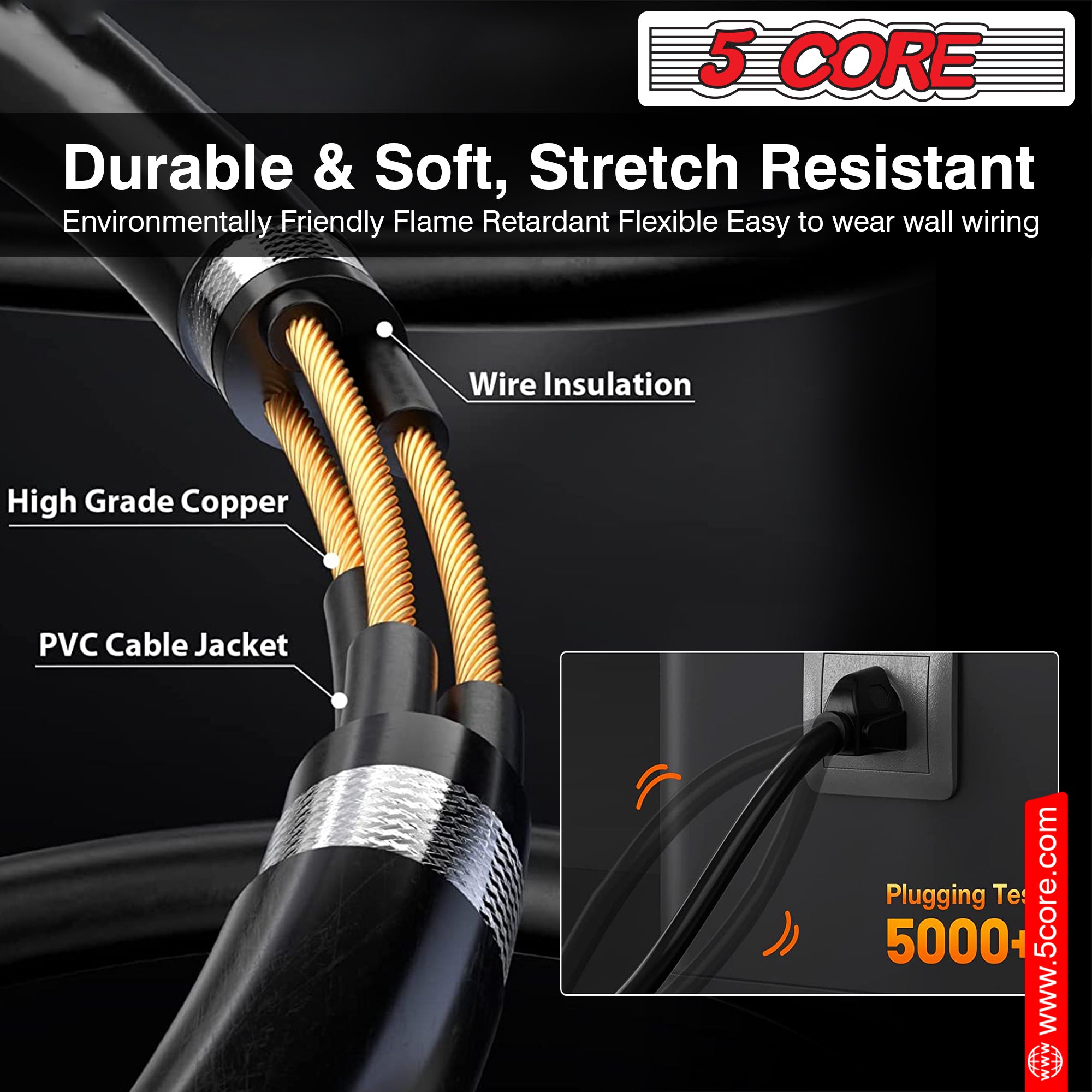 5 Core 2 Prong Extension Cord, 10 ft long, black color, designed for indoor and outdoor use with a durable PVC vinyl jacket.