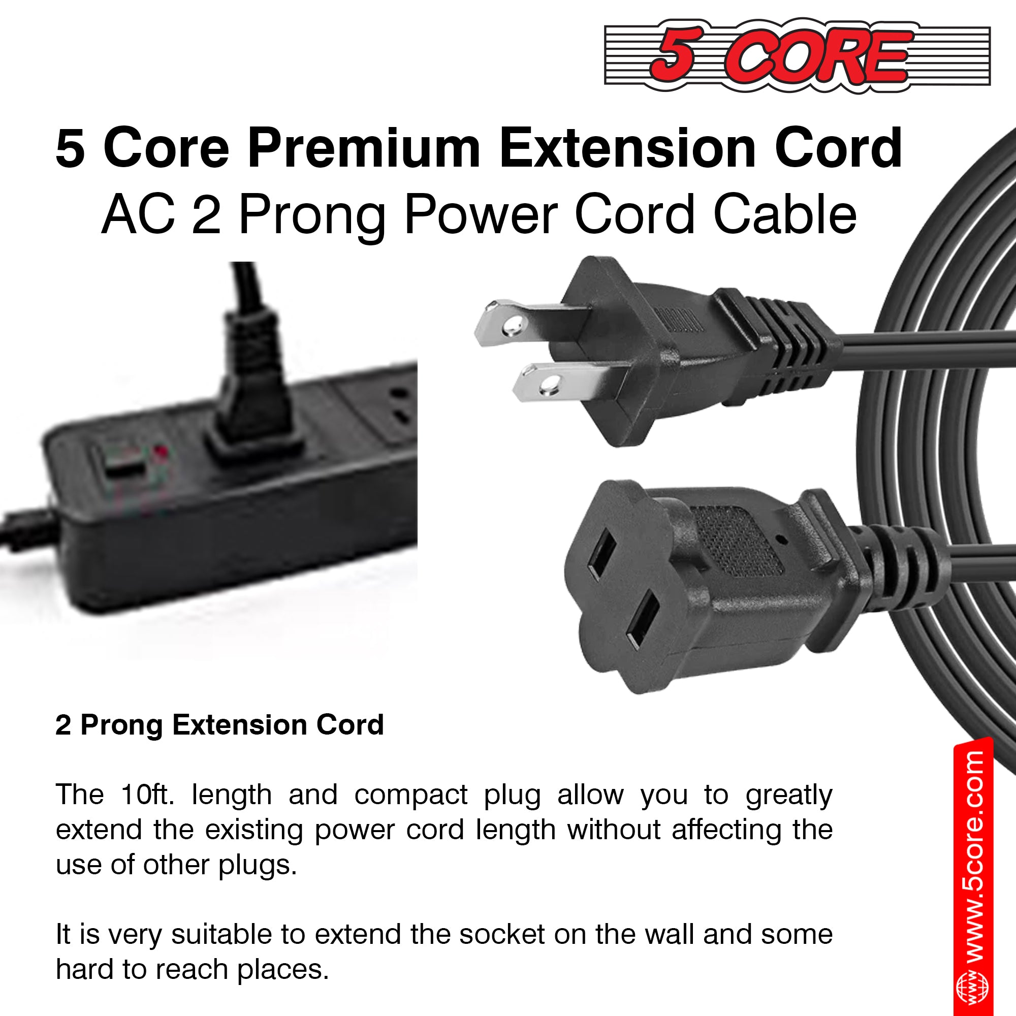 5 Core 2 Prong Extension Cord, 10 ft long, black color, designed for indoor and outdoor use with a durable PVC vinyl jacket.