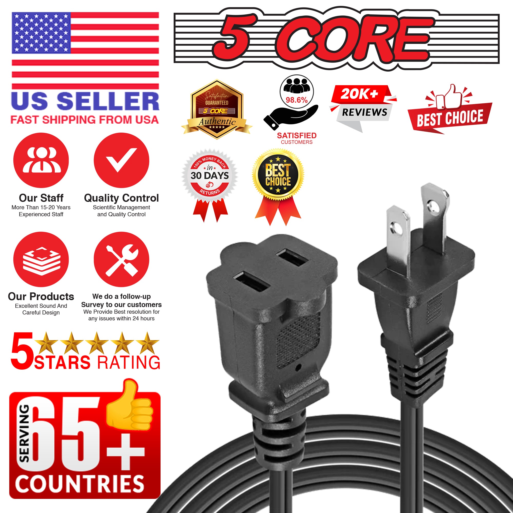 5 Core 2 Prong Extension Cord, 10 ft long, black color, designed for indoor and outdoor use with a durable PVC vinyl jacket.