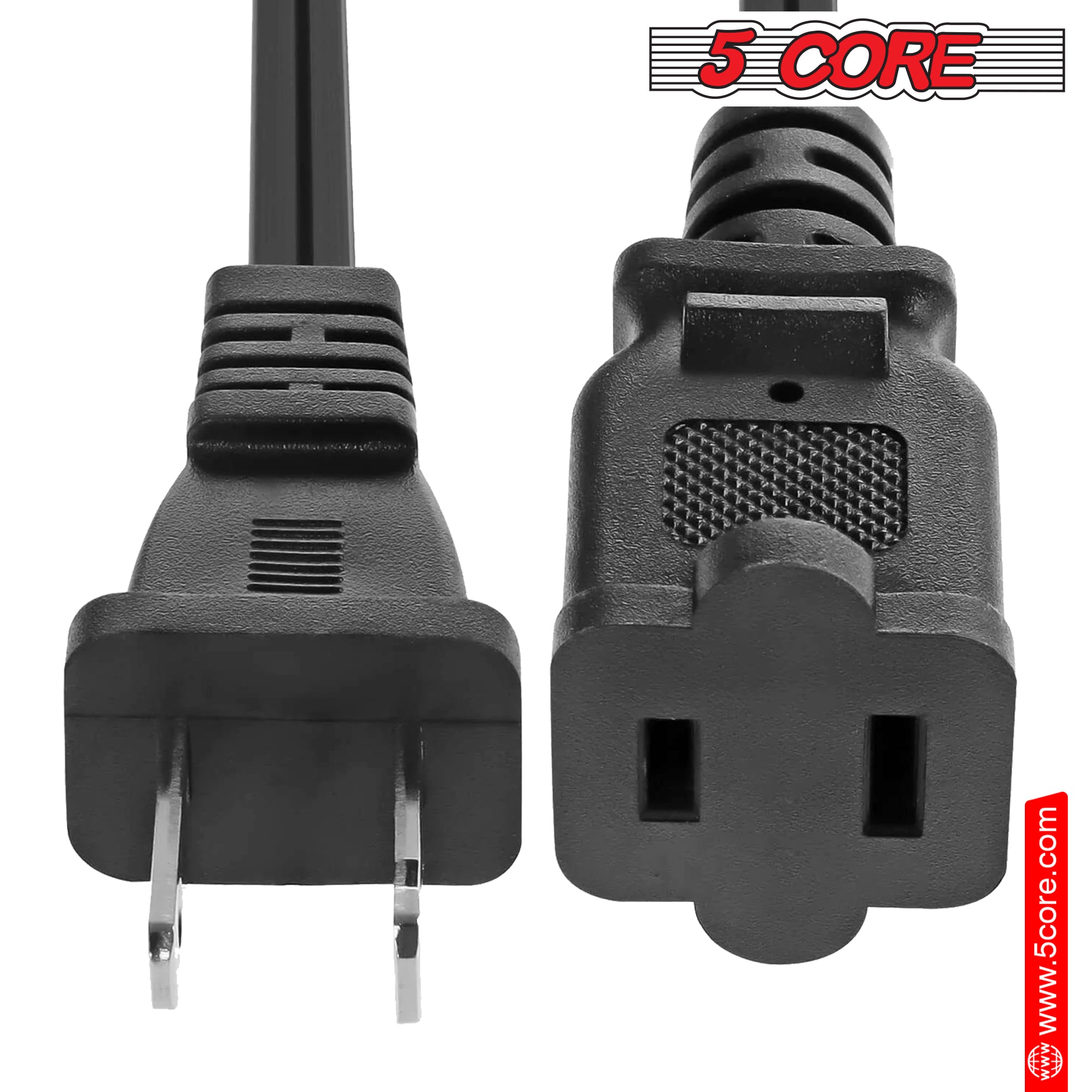 5 Core 2 Prong Extension Cord, 10 ft long, black color, designed for indoor and outdoor use with a durable PVC vinyl jacket.